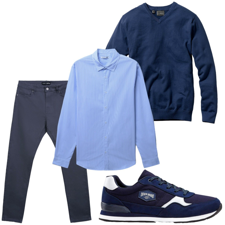 Outfit uomo - Il pullover blu notte. Stile Trendy per Tutti i giorni. Abbinamento con maglieria, sneakers, pantaloni skinny, camicie.
