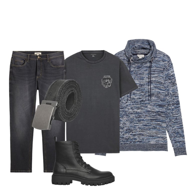 Outfit uomo - Total look #2255928. Stile Casual per Tutti i giorni. Abbinamento con jeans dritti, maglieria, t-shirt, anfibi, cinture.