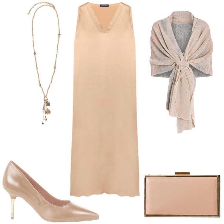 Outfit donna - Serata a teatro. Stile Chic per Serata fuori. Abbinamento con stole, décolleté, pochette, ciondoli, vestiti lunghi.