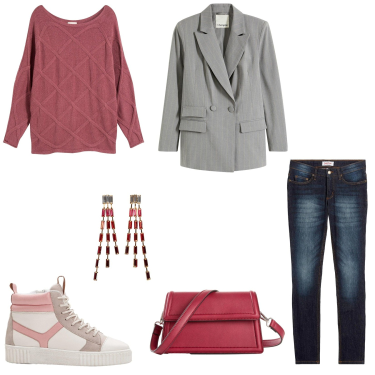 Outfit donna - Benvenuto autunno. Stile Casual per Tutti i giorni. Abbinamento con jeans skinny, orecchini, blazer, borse a tracolla, maglieria, sneakers alte.