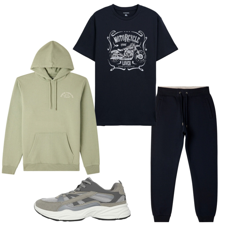 Outfit uomo - La felpa verde erba. Stile Trendy per Tutti i giorni. Abbinamento con sneakers, felpe con cappuccio, pantaloni, t-shirt.