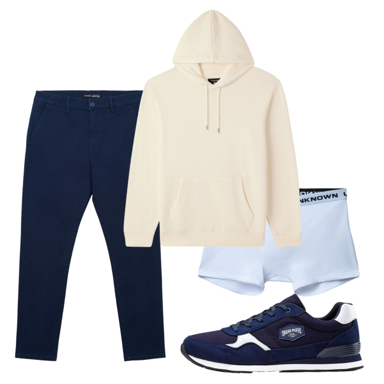 Outfit uomo - Fall. Stile Casual per Tutti i giorni. Abbinamento con sneakers, boxer, felpe con cappuccio, pantaloni chino.