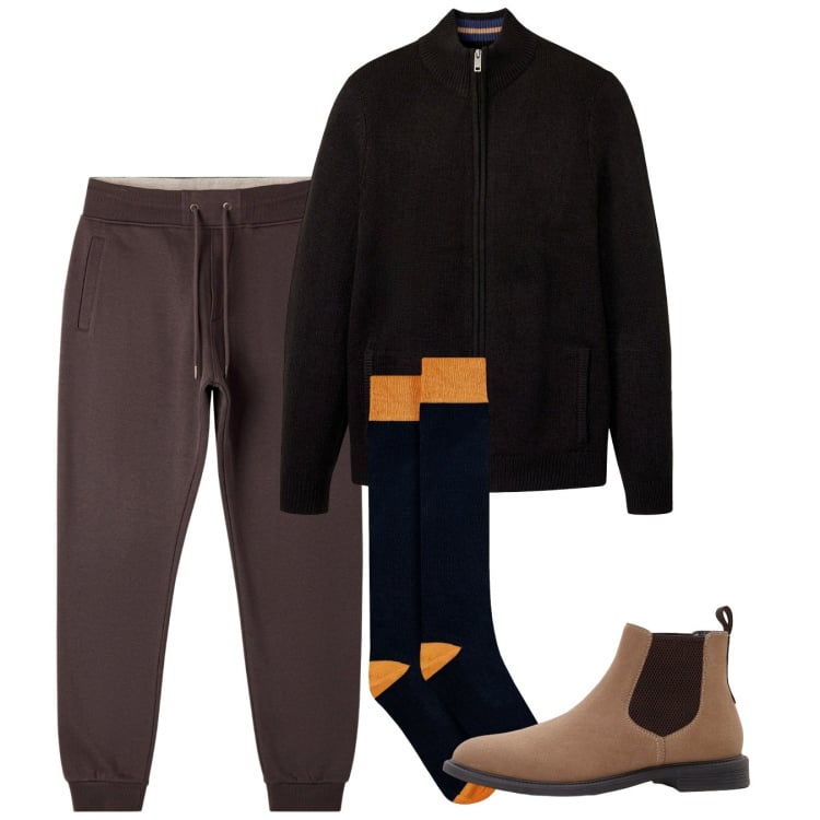 Outfit uomo - Autunno. Stile Casual per Tutti i giorni. Abbinamento con cardigans, stivali e stivaletti, pantaloni, calzini.