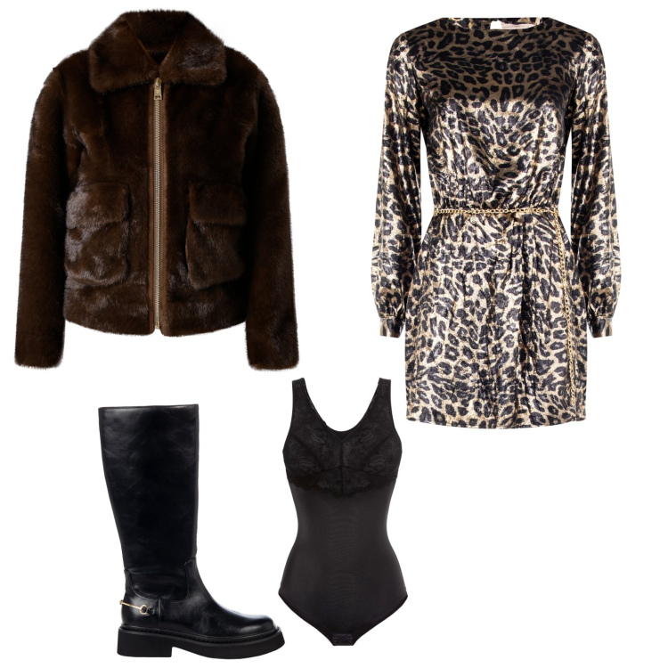 Outfit donna - Cerimonia evento serata speciale. Stile Glamour per Serata fuori. Abbinamento con body, ecopellicce, stivali sopra il ginocchio, vestiti corti.