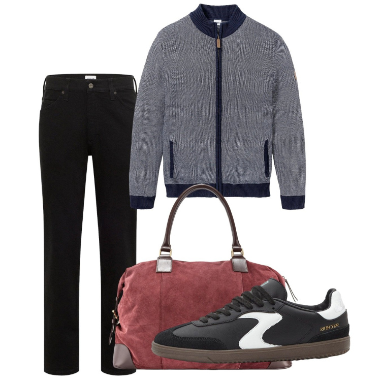 Outfit uomo - Weekend. Stile Casual per Tutti i giorni. Abbinamento con cardigans, sneakers, jeans dritti, borse sportive.