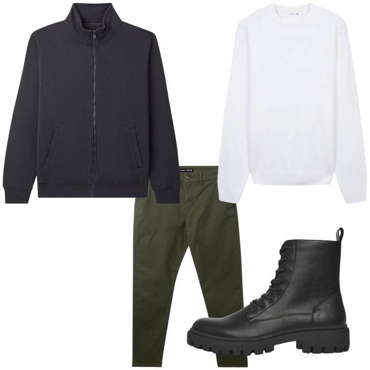 Outfit uomo - Colori autunnali. Stile Casual per Tutti i giorni. Abbinamento con pantaloni chino, anfibi, maglieria, giacche.
