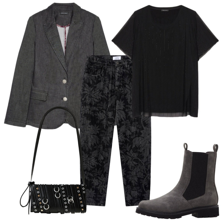 Outfit donna - Cena con le amiche. Stile Basic per Serata fuori. Abbinamento con stivaletti chelsea, jeans, borse a spalla, blazer, bluse.