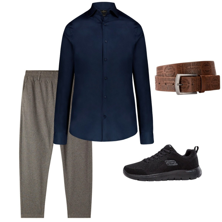 Outfit uomo - Settembre. Stile Casual per Tutti i giorni. Abbinamento con cinture, sneakers, pantaloni, camicie.