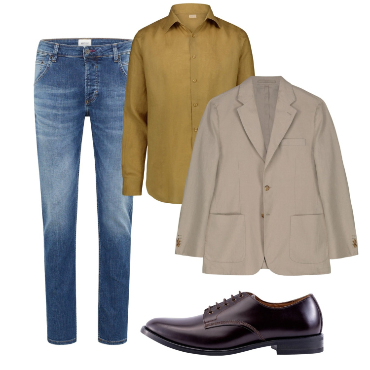Outfit uomo - Fall. Stile Casual per Tutti i giorni. Abbinamento con jeans dritti, giacche, scarpe stringate, camicie.