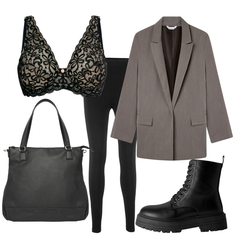 Outfit donna - Blazer must have. Stile Casual per Tutti i giorni. Abbinamento con reggiseni, leggings, blazer, shopping bag, anfibi.