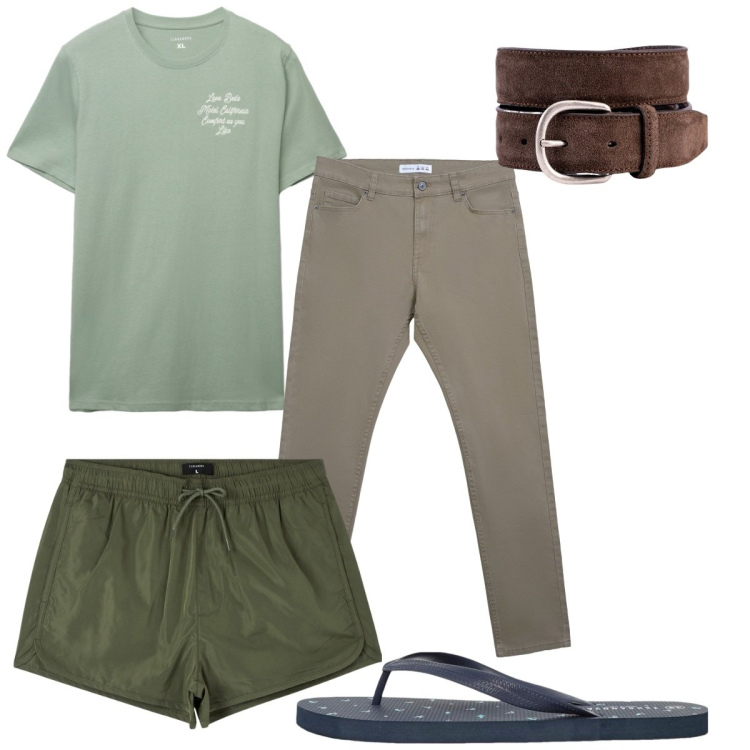 Outfit uomo - Total look #2255954. Stile Trendy per Mare. Abbinamento con costumi, sandali, pantaloni skinny, t-shirt, cinture.