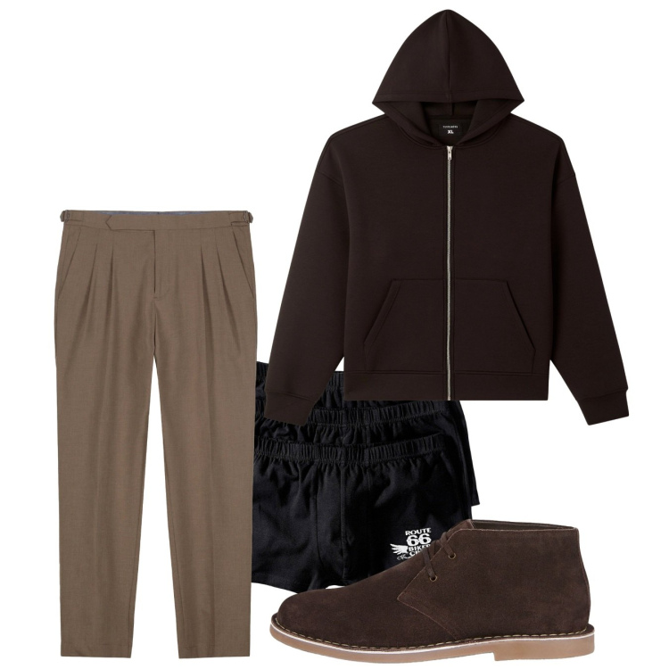 Outfit uomo - Autunno. Stile Casual per Tutti i giorni. Abbinamento con boxer, felpe con cappuccio, stivali e stivaletti, pantaloni.