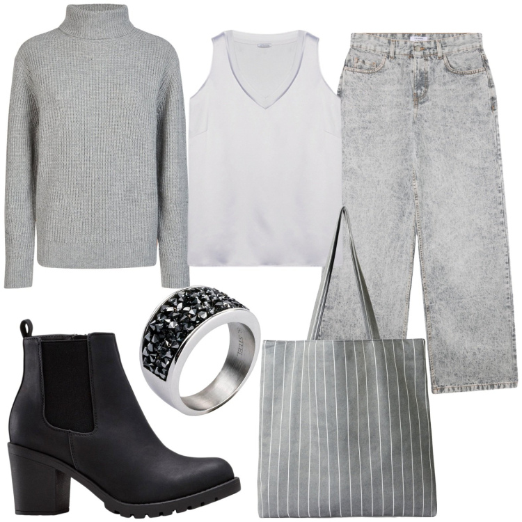 Outfit donna - Mercoledì in grigio. Stile Casual per Ufficio. Abbinamento con anelli, stivaletti, shopping bag, jeans boyfriend, maglieria, top.