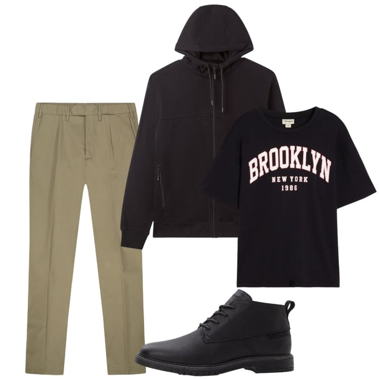 Outfit uomo - Settembre. Stile Casual per Tutti i giorni. Abbinamento con t-shirt, stivali e stivaletti, felpe con cappuccio, pantaloni.