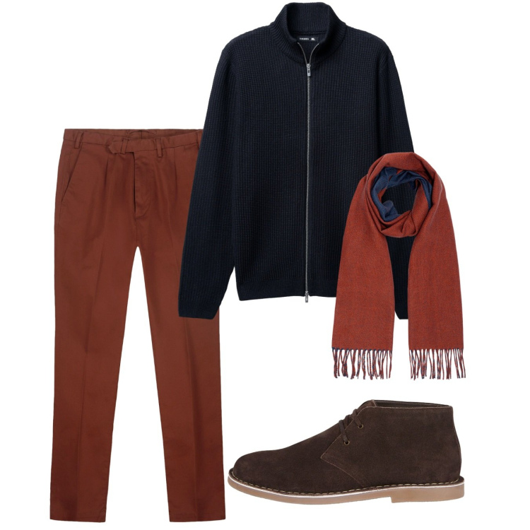 Outfit uomo - Verso il freddo. Stile Casual per Tutti i giorni. Abbinamento con cardigans, stivali e stivaletti, pantaloni, sciarpe.