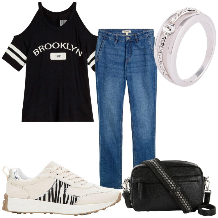 Outfit donna - Total look #2255967. Stile Urban per Tutti i giorni. Abbinamento con jeans slim fit, maglieria, anelli, borse a tracolla, sneakers.