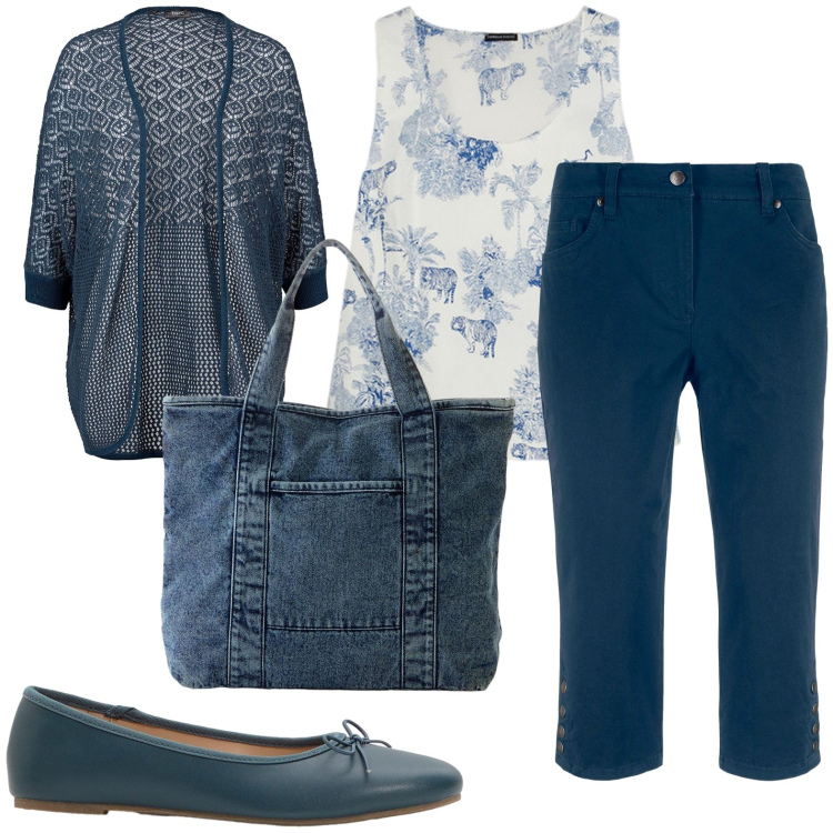 Outfit donna - Denim and blue. Stile Casual per Ufficio. Abbinamento con cardigans, shopping bag, ballerine, pantaloni, top.