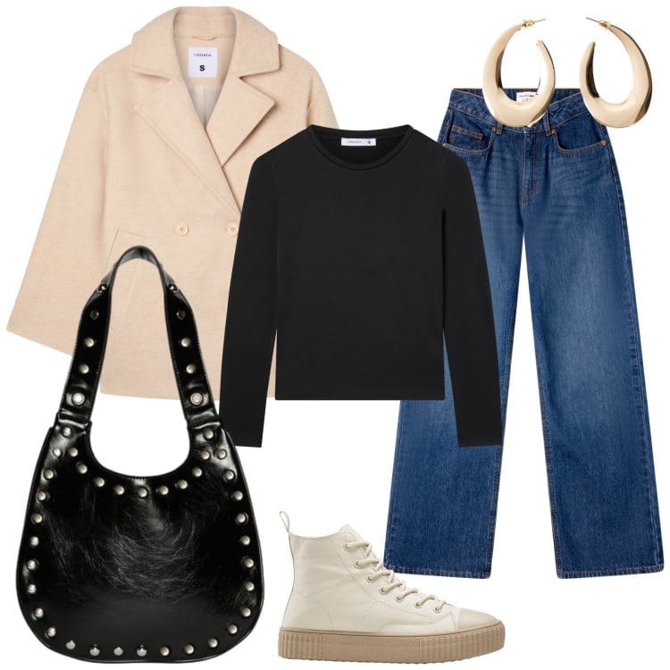 Outfit donna - Apericena. Stile Sporty chic per Tutti i giorni. Abbinamento con orecchini, sneakers alte, jeans, caban, t-shirt, borse a spalla.