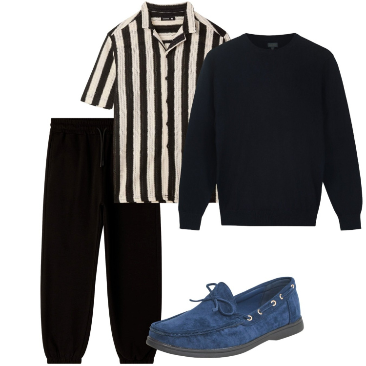 Outfit uomo - Settembre. Stile Casual per Tutti i giorni. Abbinamento con camicie a manica corta, pantaloni, scarpe stringate, maglieria.