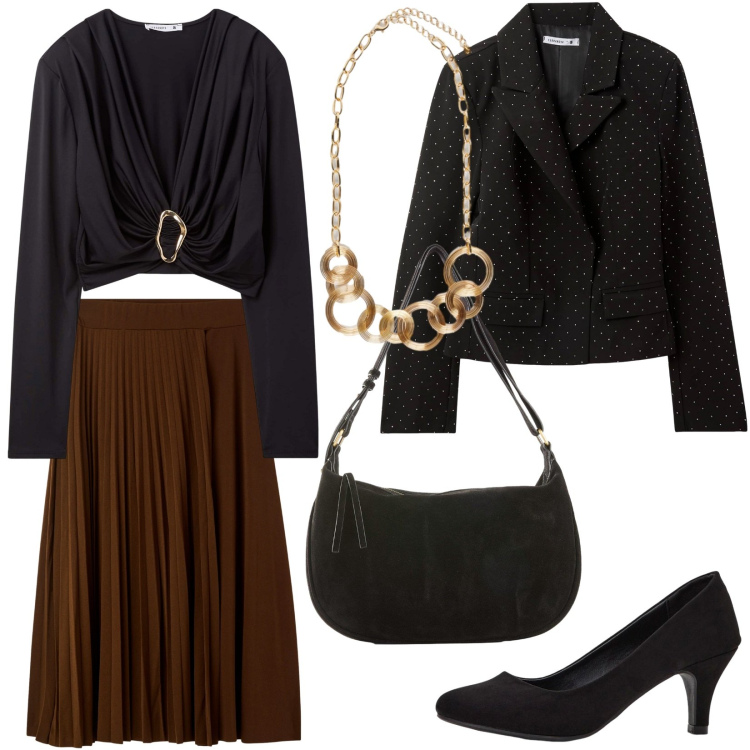 Outfit donna - Total look #2255975. Stile Bon Ton per Serata fuori. Abbinamento con décolleté, borse a mano, maglieria, blazer, gonne lunghe, collane.