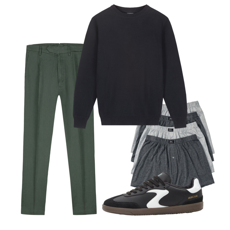 Outfit uomo - Settembre. Stile Casual per Tutti i giorni. Abbinamento con boxer, sneakers, pantaloni, maglieria.