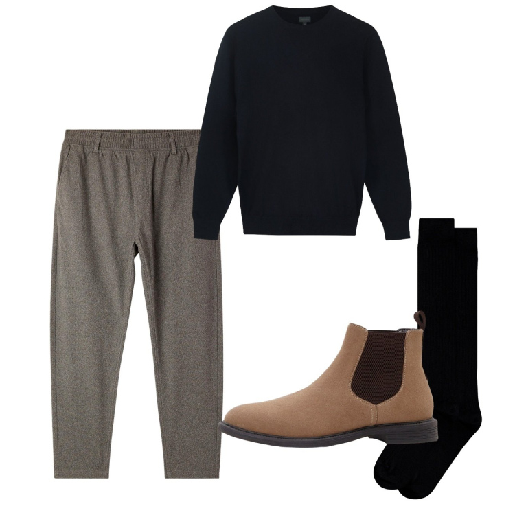 Outfit uomo - Weekend. Stile Casual per Tutti i giorni. Abbinamento con stivali e stivaletti, pantaloni, calzini, maglieria.
