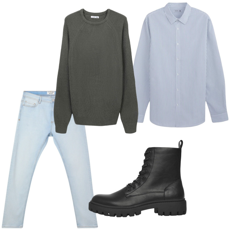 Outfit uomo - Jeans delavé. Stile Trendy per Tutti i giorni. Abbinamento con camicie, jeans skinny, anfibi, maglieria.