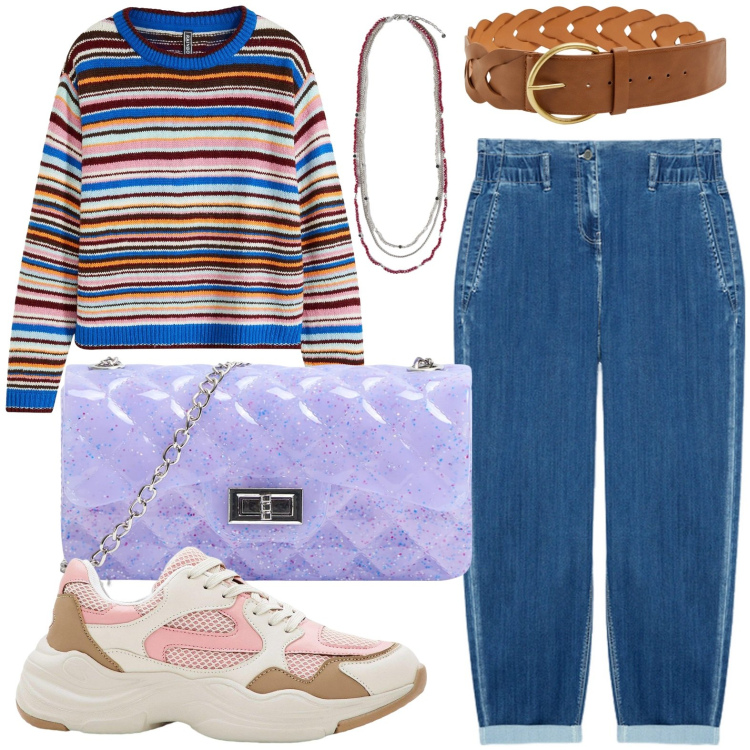 Outfit donna - Pomeriggio con le amiche. Stile Casual per Tutti i giorni. Abbinamento con maglieria, sneakers, cinture, borse a tracolla, collane, jeans.