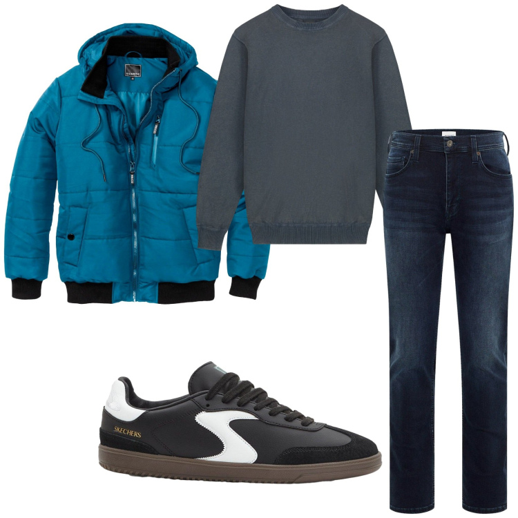 Outfit uomo - Total look #2255986. Stile Casual per Tutti i giorni. Abbinamento con bomber, sneakers, jeans slim fit, maglieria.