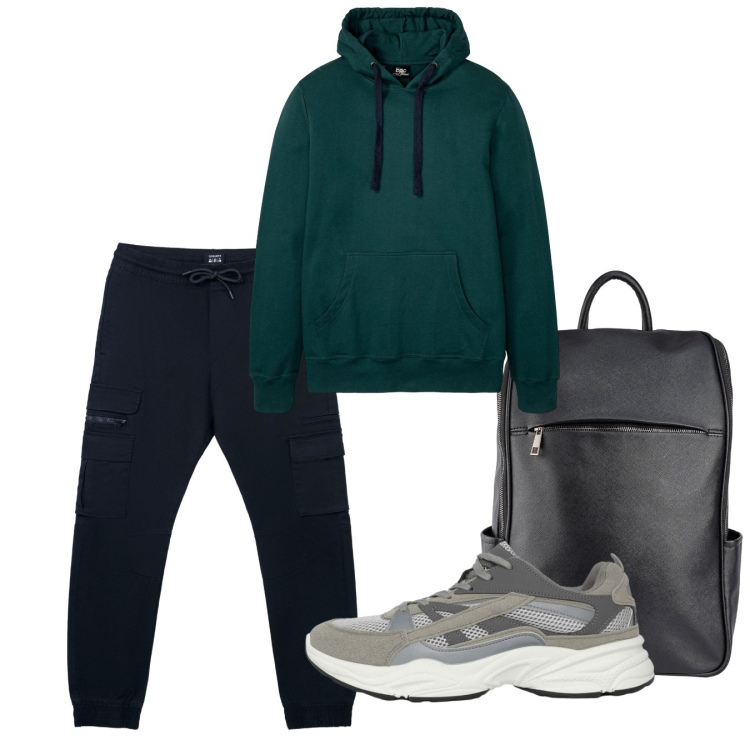 Outfit uomo - Sporty. Stile Casual per Tutti i giorni. Abbinamento con felpe con cappuccio, sneakers, pantaloni cargo, borse sportive.