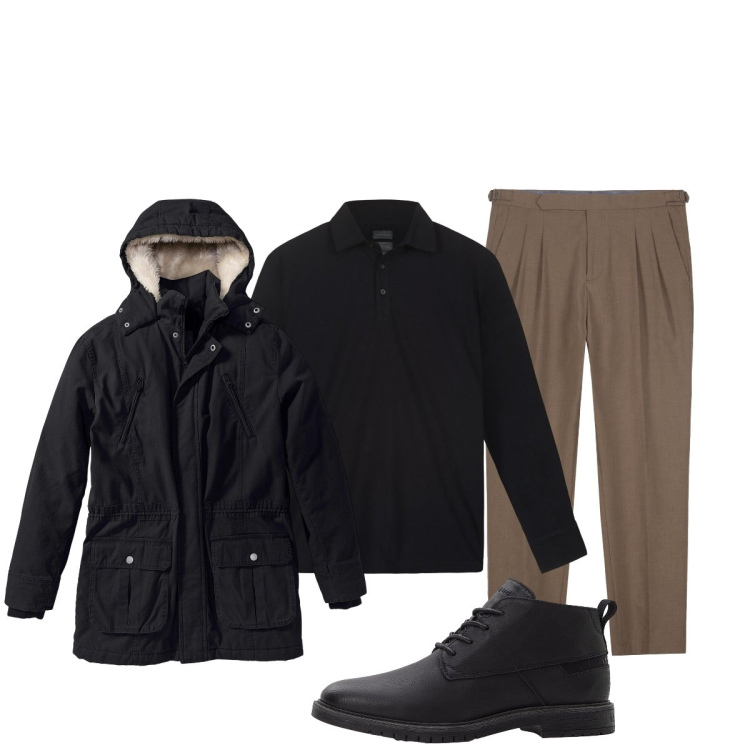Outfit uomo - Total look #2255989. Stile Casual per Tutti i giorni. Abbinamento con parka, stivali e stivaletti, polo, pantaloni.
