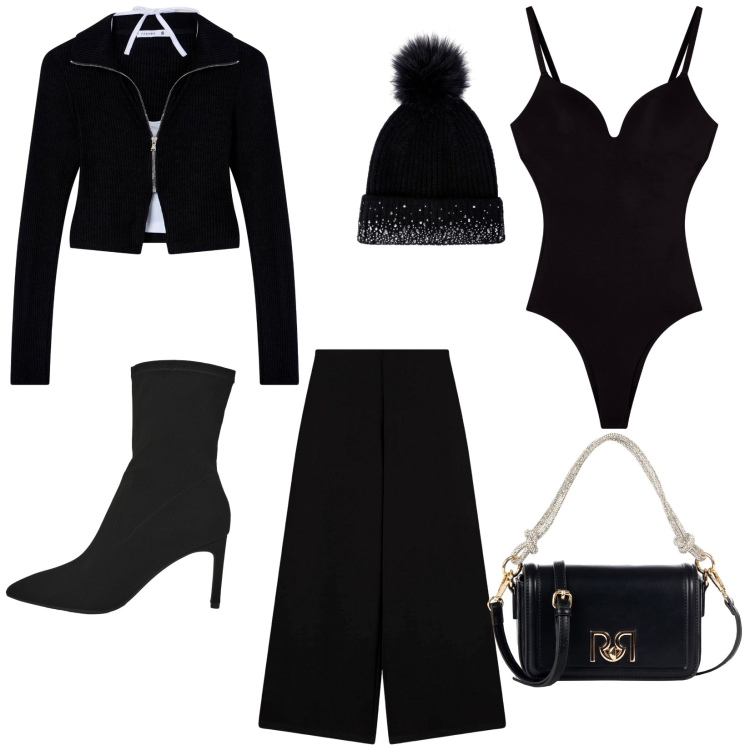 Outfit donna - Cena con le amiche. Stile Sporty chic per Serata fuori. Abbinamento con felpe, body, pantaloni culotte, stivali, berretti, borse a mano.