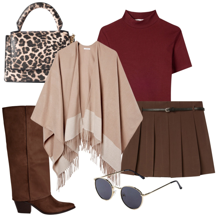 Outfit donna - Trendy in autunno. Stile Trendy per Tutti i giorni. Abbinamento con occhiali da sole, t-shirt, borse a tracolla, minigonne, cappe, stivali sopra il ginocchio.