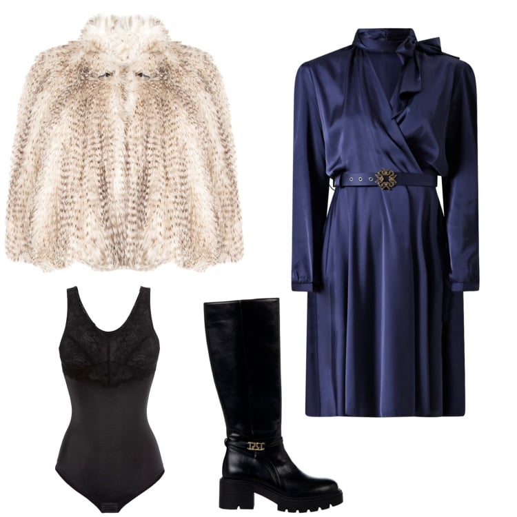 Outfit donna - Serata evento cerimonia. Stile Chic per Serata fuori. Abbinamento con body, ecopellicce, vestiti corti, stivali sopra il ginocchio.