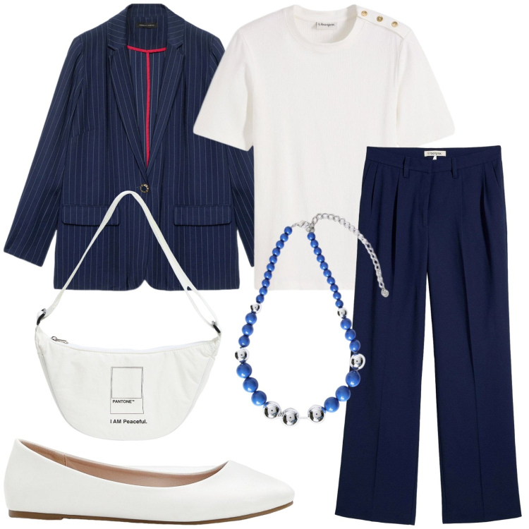 Outfit donna - Tshirt bianca. Stile Casual per Ufficio. Abbinamento con pantaloni, t-shirt, ballerine, marsupi, blazer, collane.
