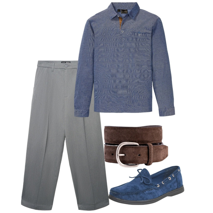 Outfit uomo - Settembre. Stile Casual per Tutti i giorni. Abbinamento con polo, scarpe stringate, pantaloni, cinture.