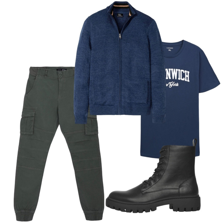 Outfit uomo - Settembre. Stile Casual per Tutti i giorni. Abbinamento con cardigans, pantaloni cargo, anfibi, t-shirt sportive.