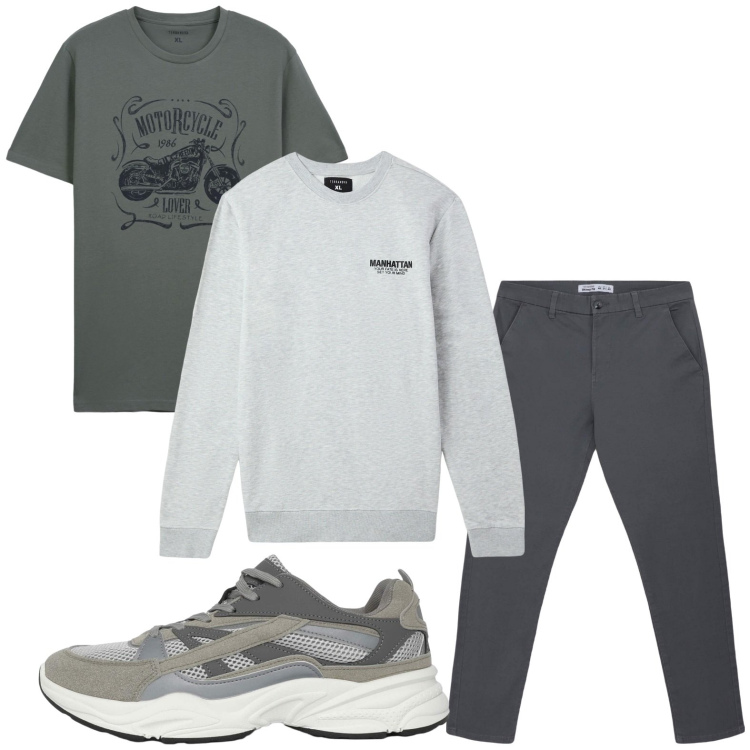 Outfit uomo - Sportivo. Stile Trendy per Mare. Abbinamento con pantaloni chino, felpe, sneakers, t-shirt.