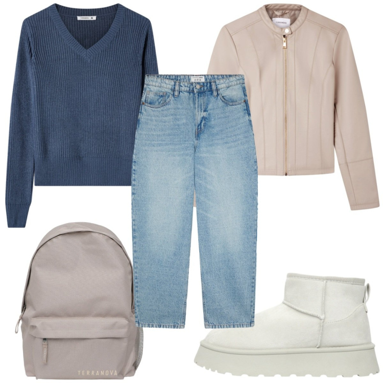 Outfit donna - Total look #2256006. Stile Basic per Scuola/Università. Abbinamento con giacche, jeans, maglieria, zaini, stivaletti.