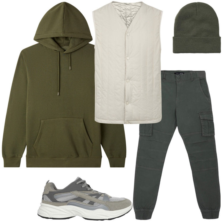 Outfit uomo - Casual style. Stile Casual per Tutti i giorni. Abbinamento con pantaloni cargo, sneakers, felpe con cappuccio, berretti, piumini.