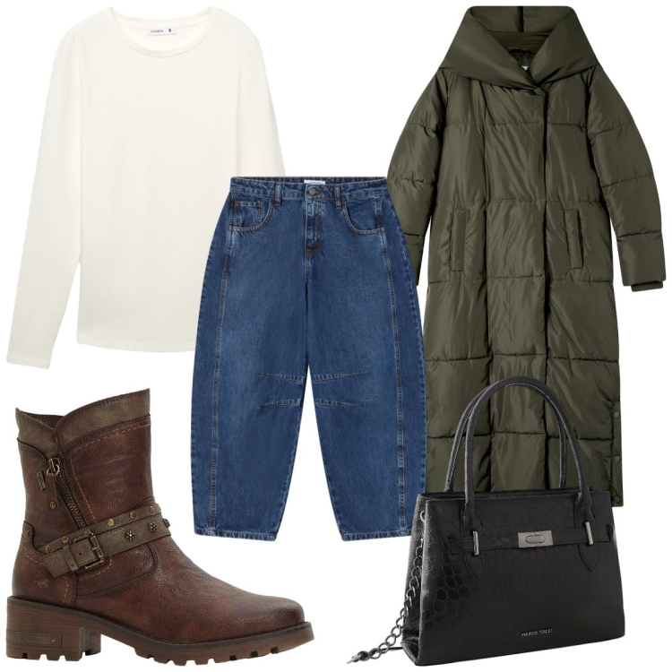 Outfit donna - Total look #2256014. Stile Trendy per Tutti i giorni. Abbinamento con stivaletti, borse a mano, cappotti, jeans, t-shirt.
