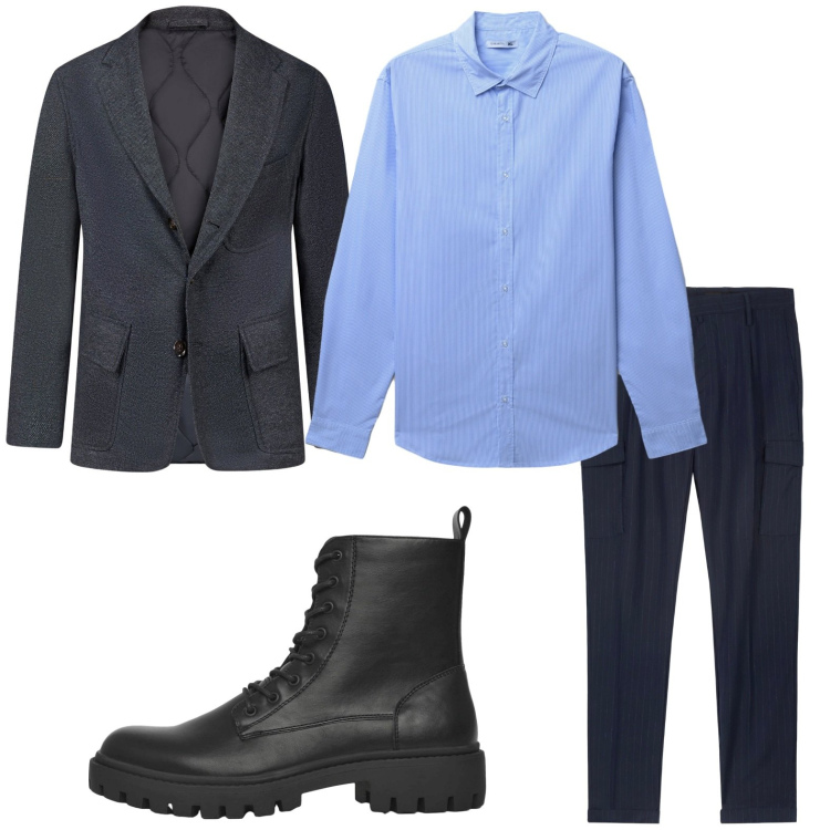 Outfit uomo - Classico. Stile Trendy per Tutti i giorni. Abbinamento con anfibi, camicie, giacche, pantaloni cargo.