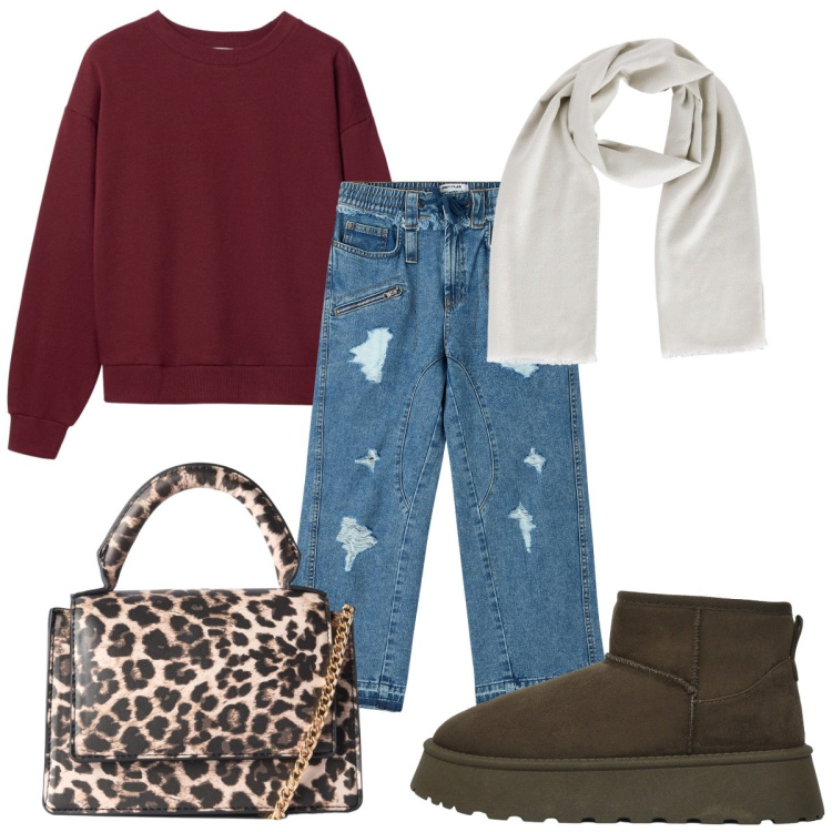 Outfit donna - Total look #2256019. Stile Trendy per Tutti i giorni. Abbinamento con borse a tracolla, foulard, felpe, stivali, jeans strappati.