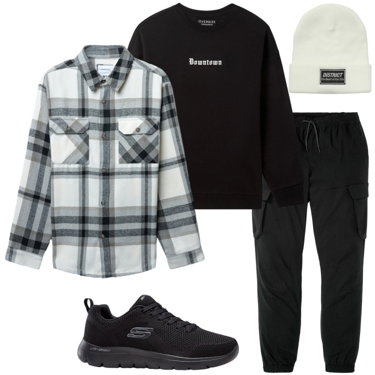 Outfit uomo - Giacca scozzese. Stile Casual per Tutti i giorni. Abbinamento con sneakers, pantaloni cargo, cappotti, felpe, berretti.