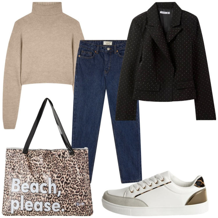 Outfit donna - Total look #2256022. Stile Basic per Tutti i giorni. Abbinamento con blazer, sneakers, borse tote, jeans mom, maglieria.