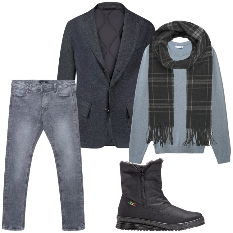 Outfit uomo - Total look #2256025. Stile Urban per Tutti i giorni. Abbinamento con stivali e stivaletti, jeans skinny, maglieria, sciarpe, giacche.