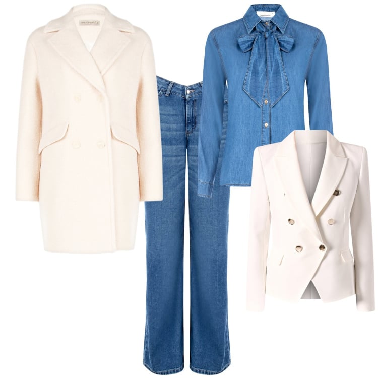 Outfit donna - Trendy panna e denim. Stile Trendy per Serata fuori. Abbinamento con pantofole, camicie, jeans, cappotti, blazer.
