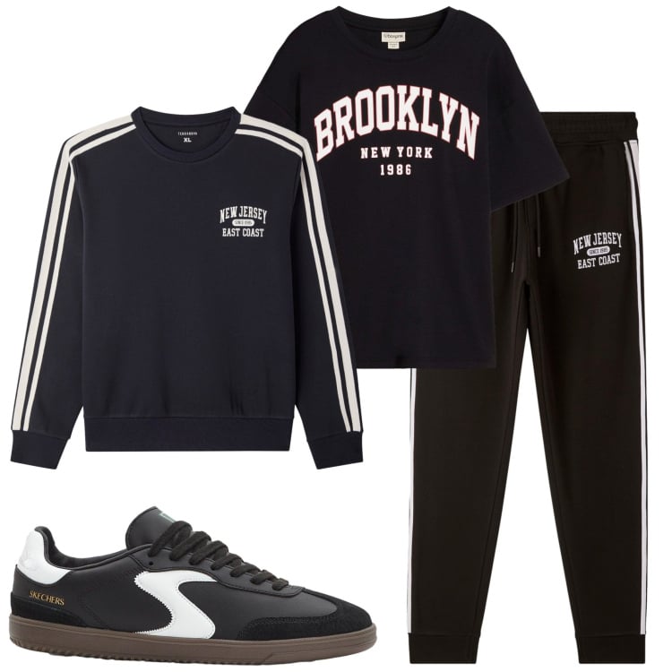 Outfit uomo - Allenamento. Stile Casual per Sport. Abbinamento con t-shirt, sneakers, pantaloni sportivi, felpe sportive.