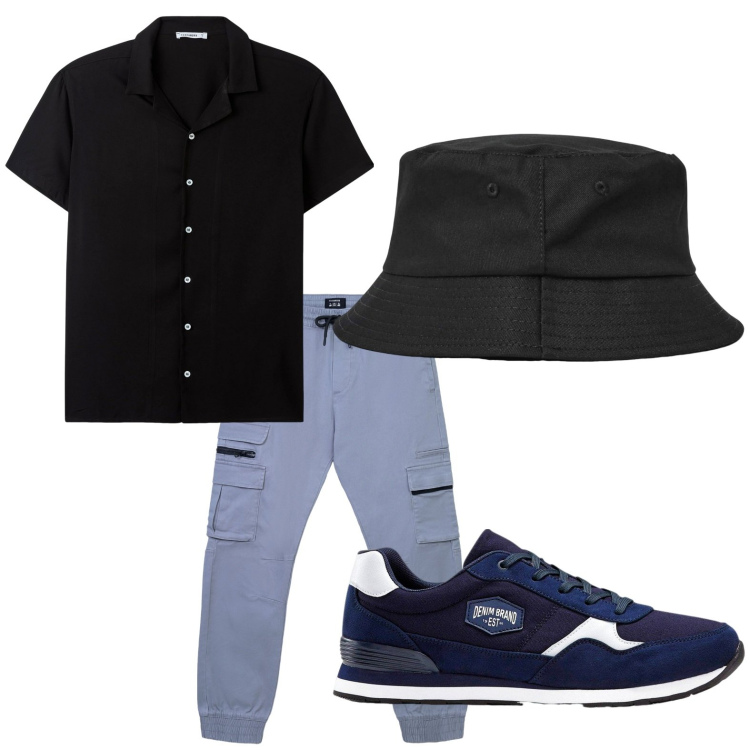 Outfit uomo - Sportivo. Stile Trendy per Tutti i giorni. Abbinamento con sneakers, cappelli con visiera, pantaloni cargo, camicie a manica corta.