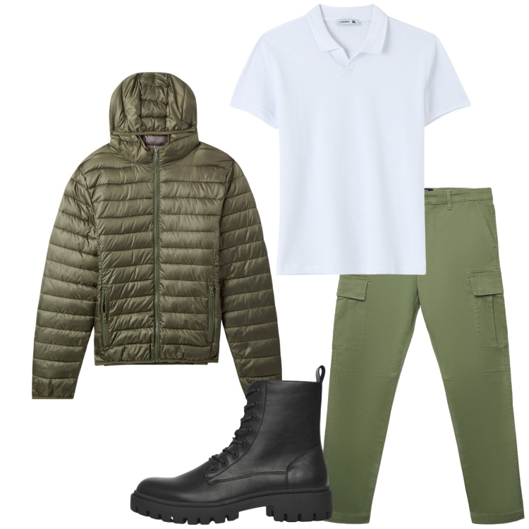 Outfit uomo - Total look #2256030. Stile Casual per Tutti i giorni. Abbinamento con piumini, anfibi, polo, pantaloni cargo.
